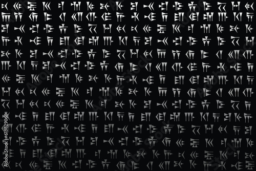 Illustration wallpaper of gray cuneiform script character on black color background.