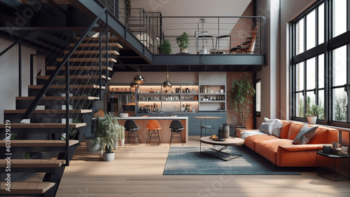 Fototapeta Naklejka Na Ścianę i Meble -  3d render of modern home interior, living and dining room. Generative Ai