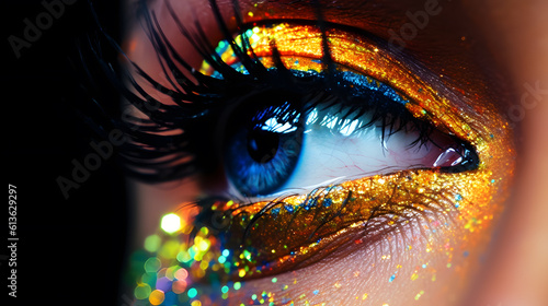 Close up of a blue eye with beautiful golden make up and colorful glitter