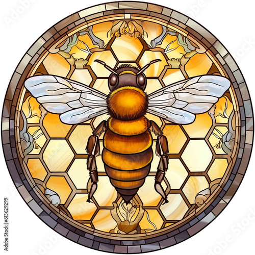 Print op canvas Round stained-glass illustration of a honey bee in a stained-glass/mosaic frame