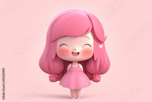 Cute kawaii young girl with pink hair and pink dress isolated on flat pink background. Happy woman mascot. Generative AI illustration in pastel light colors.