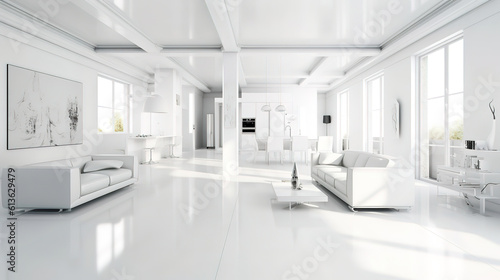 White apartment interior panorama 3d, Bright color. Generative Ai