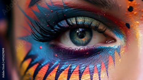 Amazing detailed colorful psychedelic festival face paint and makeup, blue eye