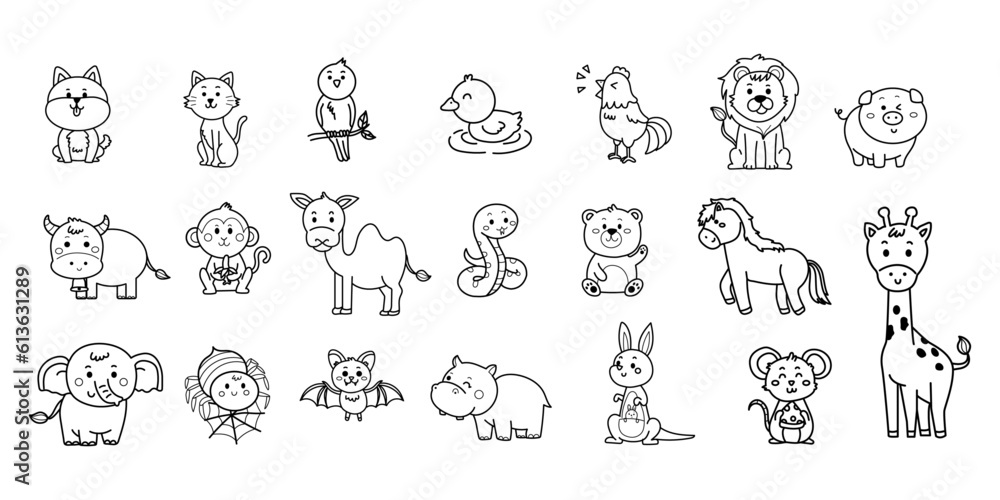 set of cute doodle cartoon animals of the world Vector illustration ...