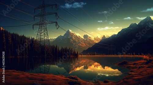 Electricity power in nature clean energy concept glow at night A professional photography should use a high - quality Generative AI © pector