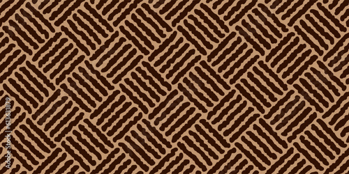 Brown diagolnal rough basketweave seamless pattern. Basket weave bamboo rug or doormat with sloppy texture. Simple monochrome background. Vector abstract illustration