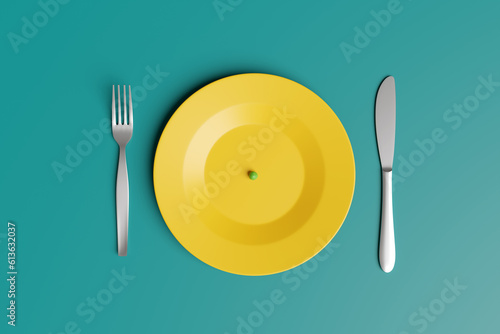 Yellow plate with only a green pea with fork and knife on each side on green background. Illustration of the concept of superfood, dieting, famine and green diet photo