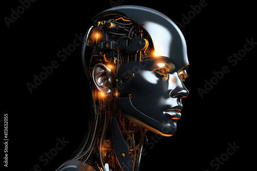 Futuristic shining female android robot. Mechanical female portrait profile side view isolated on black flat background with copy space. Generative AI 3d render illustration imitation.