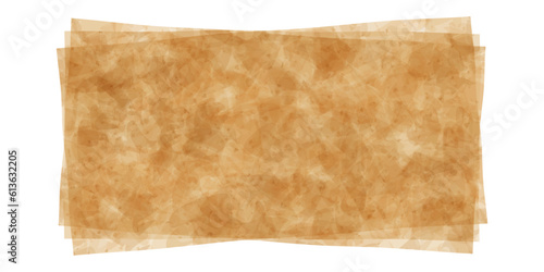 Three sheets of greaseproof brown paper with grunge texture. Food baking parchment or wrapping package. Top view of nonstick natural wax papyrus. Vector illustration. Grainy bake sheet mockup