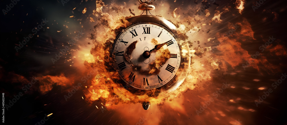 Concept of time. Clock on fire exploding. Watch on fire. Generative AI.