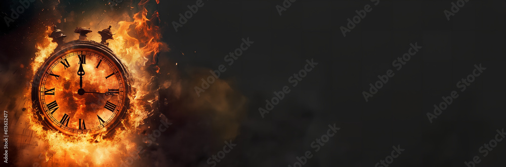 Concept of time. Clock on fire exploding. Watch on fire. Generative AI.