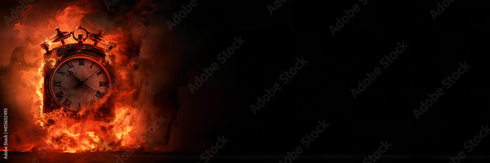 Concept of time. Clock on fire exploding. Watch on fire. Generative AI.