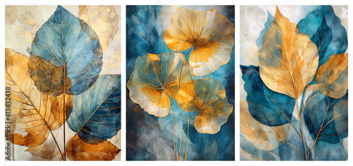 Fotografie, Tablou Set of golden and blue tree leaves on white background