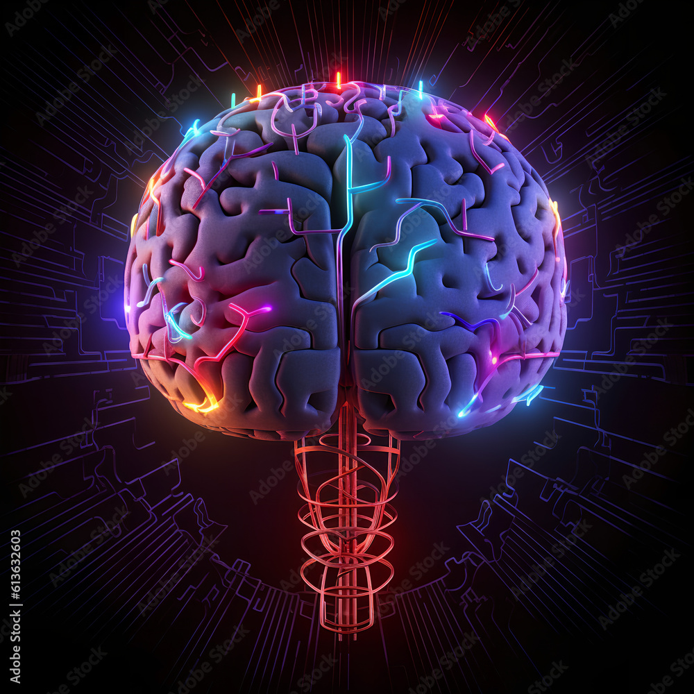 Brain combined or merging with technology, artificial intelligence concept, Colorful neon lights shaped like a brain. Generative AI.