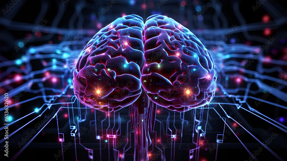 Brain combined or merging with technology, artificial intelligence concept, Colorful neon lights shaped like a brain. Generative AI.