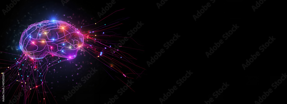 Brain combined or merging with technology, artificial intelligence concept, Colorful neon lights shaped like a brain. Generative AI.
