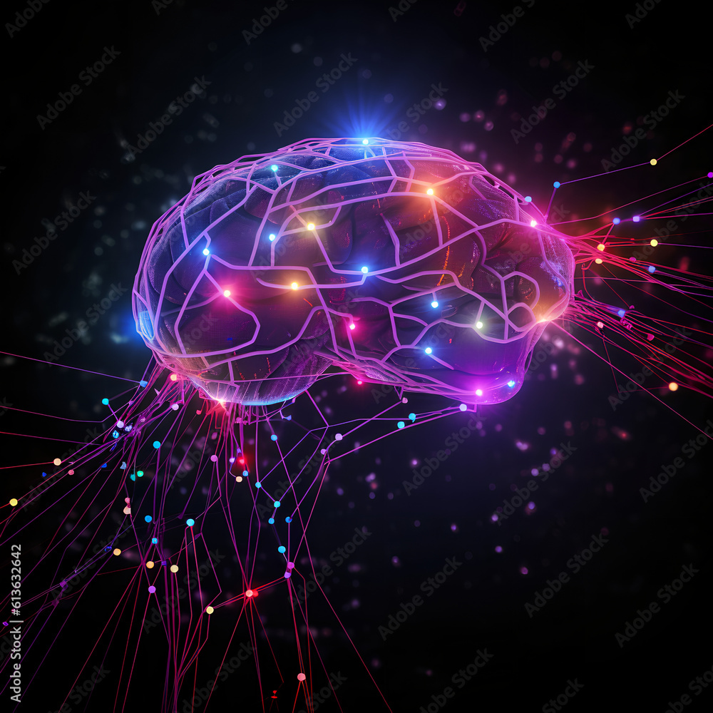 Brain combined or merging with technology, artificial intelligence concept, Colorful neon lights shaped like a brain. Generative AI.