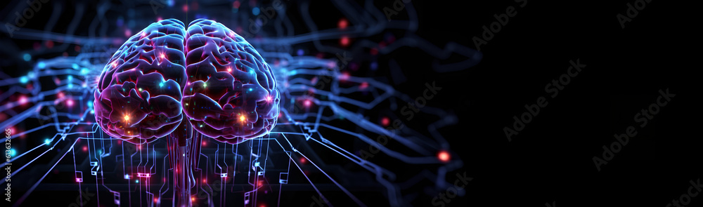 Brain combined or merging with technology, artificial intelligence concept, Colorful neon lights shaped like a brain. Generative AI.