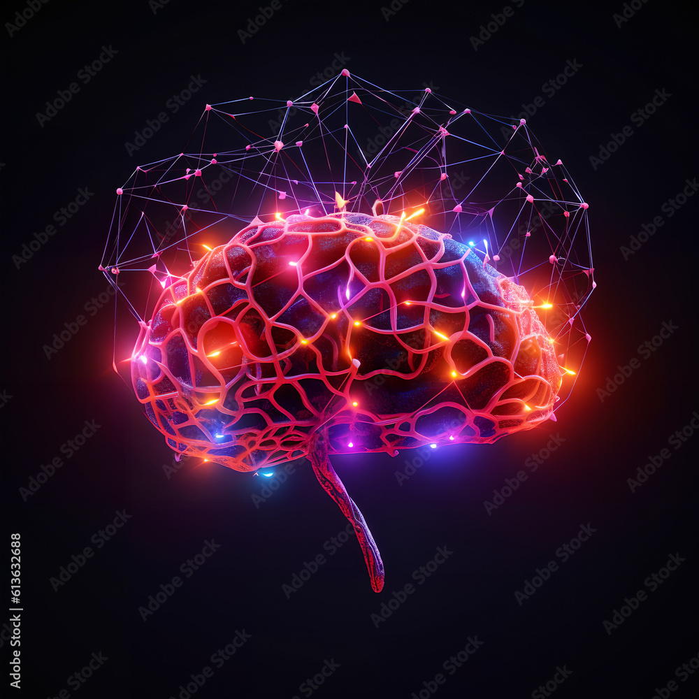 Brain combined or merging with technology, artificial intelligence concept, Colorful neon lights shaped like a brain. Generative AI.