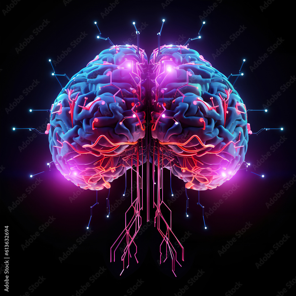 Brain combined or merging with technology, artificial intelligence concept, Colorful neon lights shaped like a brain. Generative AI.