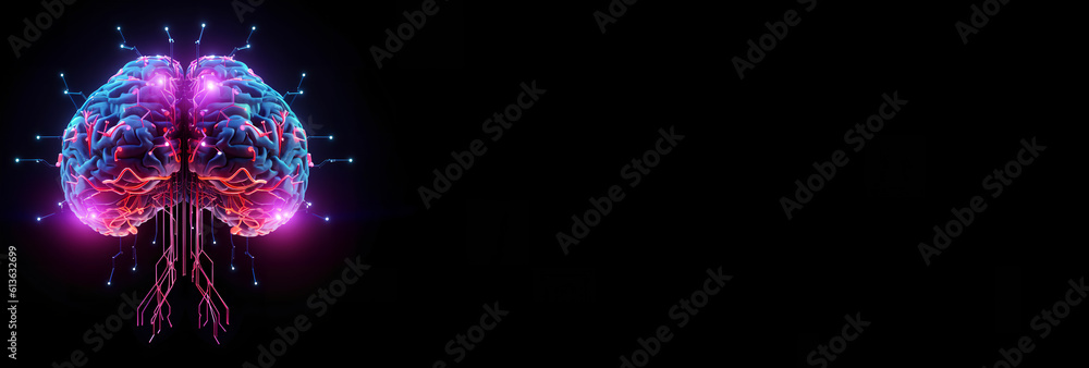 Brain combined or merging with technology, artificial intelligence concept, Colorful neon lights shaped like a brain. Generative AI.