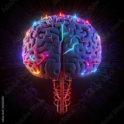 Obraz na płótnie Brain combined or merging with technology, artificial intelligence concept, Colorful neon lights shaped like a brain. Generative AI. w salonie