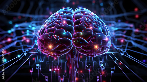 Brain combined or merging with technology, artificial intelligence concept, Colorful neon lights shaped like a brain. Generative AI.