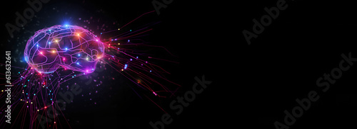 Obraz na płótnie Brain combined or merging with technology, artificial intelligence concept, Colorful neon lights shaped like a brain. Generative AI. w salonie