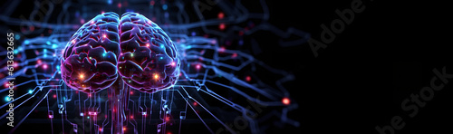 Obraz na płótnie Brain combined or merging with technology, artificial intelligence concept, Colorful neon lights shaped like a brain. Generative AI. w salonie