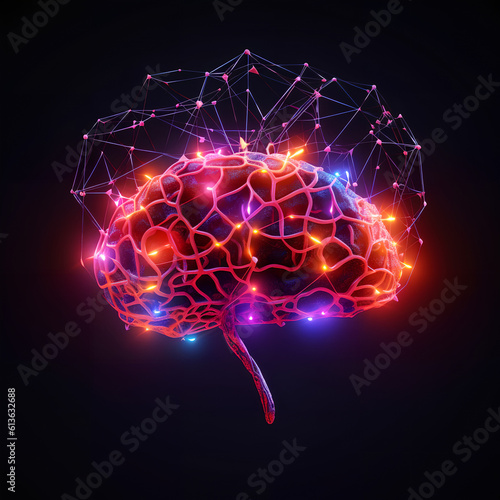 Brain combined or merging with technology, artificial intelligence concept, Colorful neon lights shaped like a brain. Generative AI.