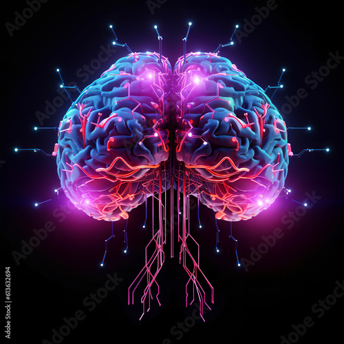 Obraz na płótnie Brain combined or merging with technology, artificial intelligence concept, Colorful neon lights shaped like a brain. Generative AI. w salonie