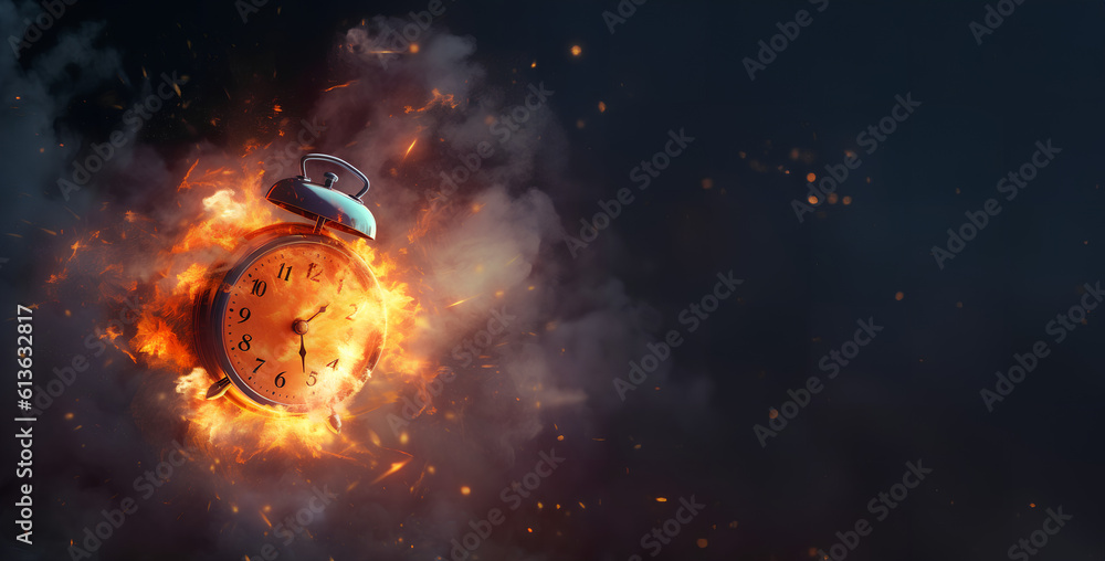 Concept of time. Clock on fire exploding. Watch on fire. Generative AI.