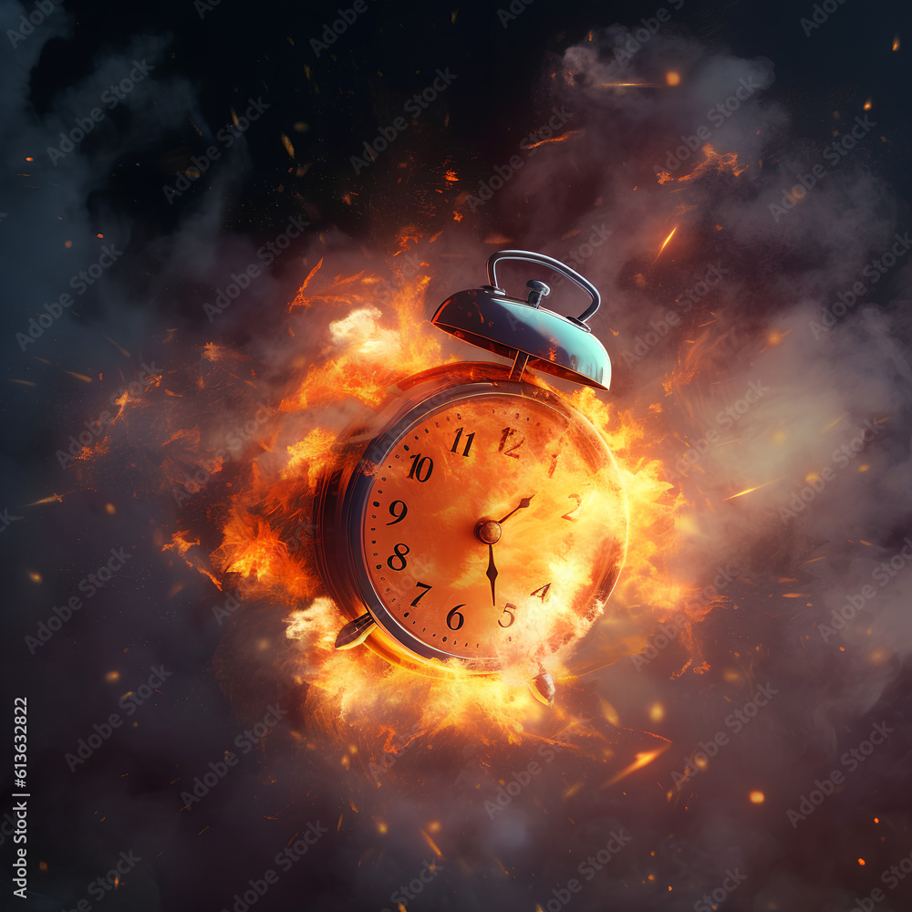 Concept of time. Clock on fire exploding. Watch on fire. Generative AI.