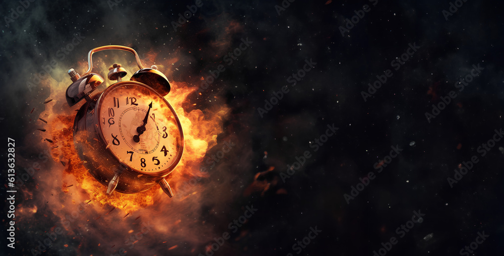 Concept of time. Clock on fire exploding. Watch on fire. Generative AI.