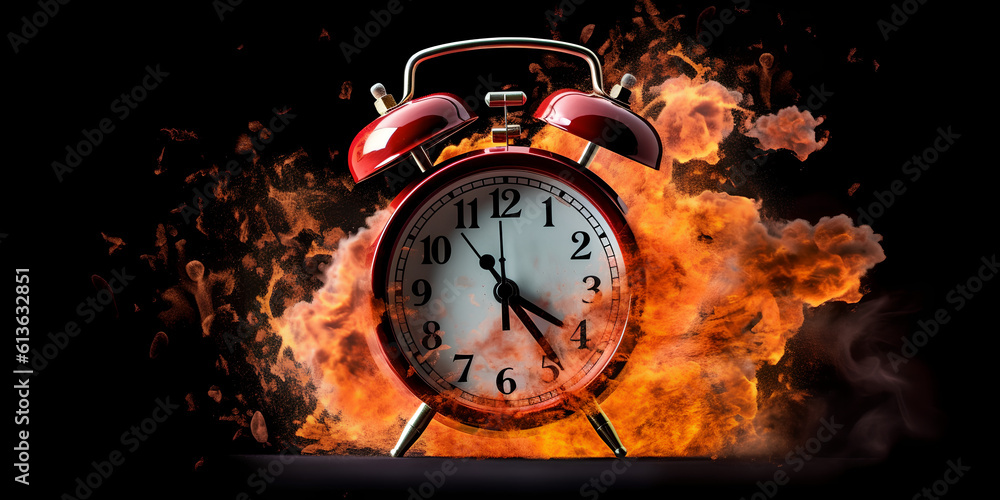 Concept of time. Clock on fire exploding. Watch on fire. Generative AI.