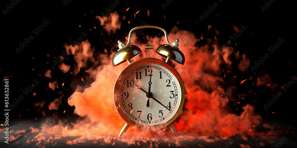 Concept of time. Clock on fire exploding. Watch on fire. Generative AI.