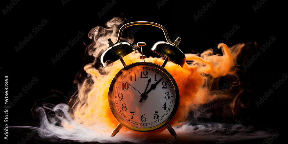 Concept of time. Clock on fire exploding. Watch on fire. Generative AI.