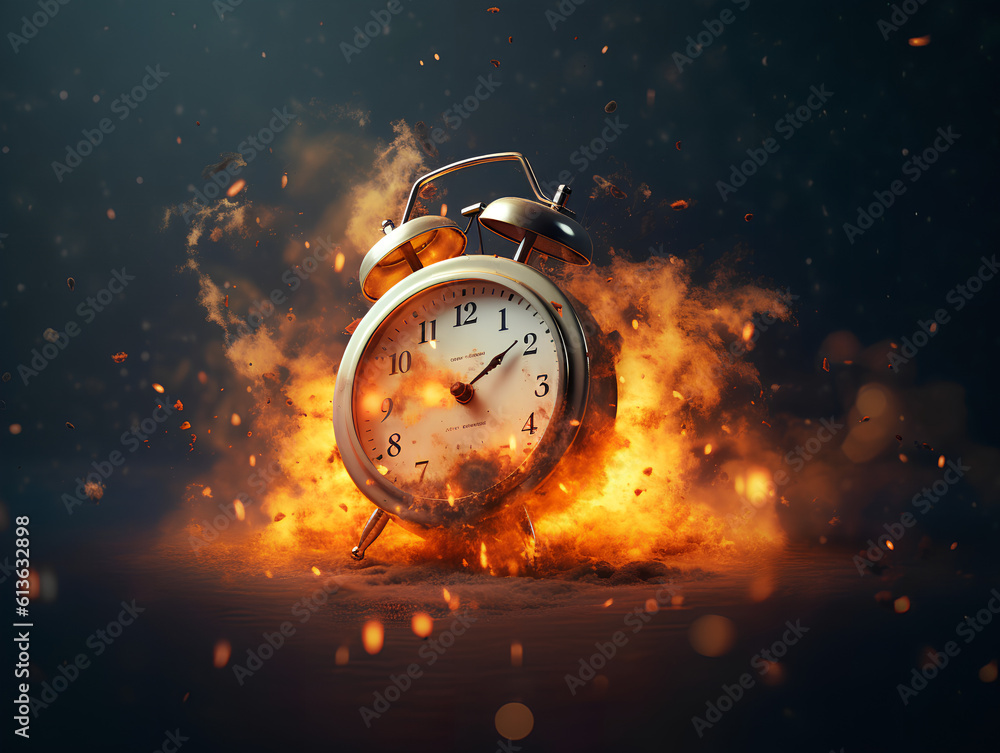 Concept of time. Clock on fire exploding. Watch on fire. Generative AI.