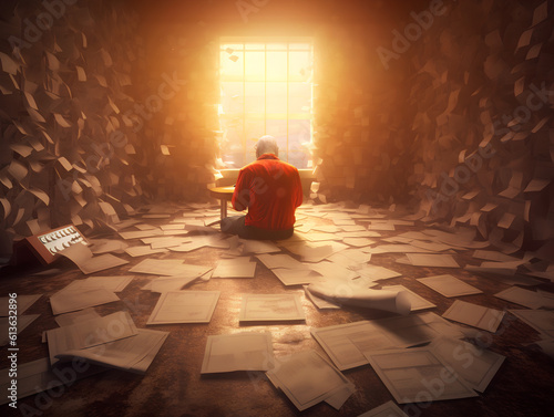 Obraz na płótnie Concept of time. Time is up deadline. A man sitting down on the floor with papers scattered around the room with a giant alarm clock. Generative AI. w salonie