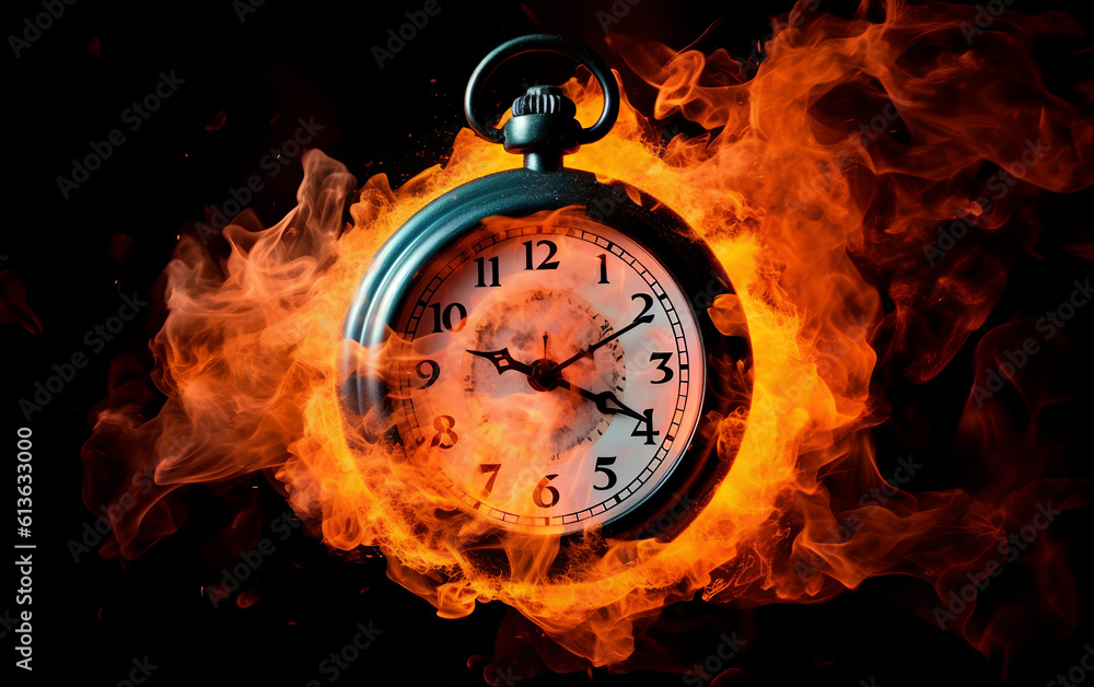 Concept of time. Clock on fire exploding. Watch on fire. Generative AI.