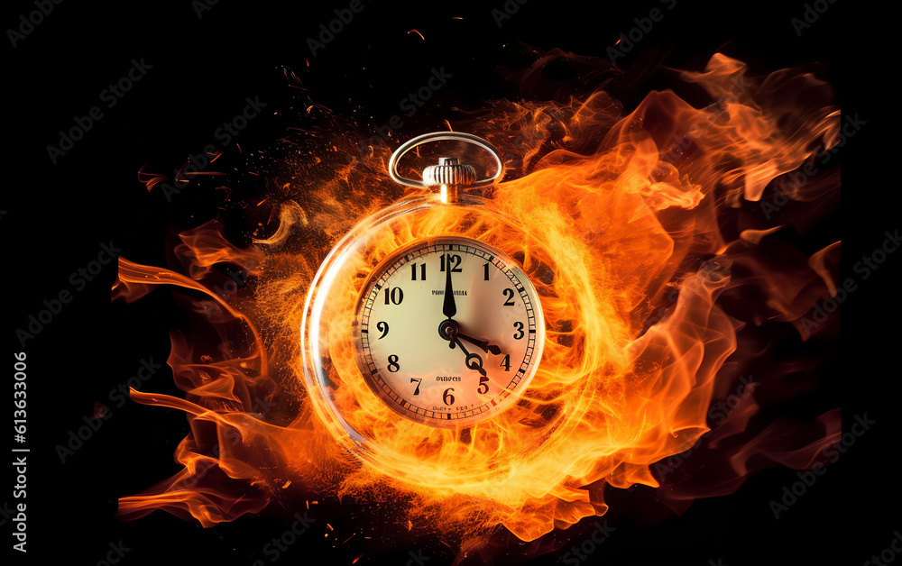 Concept of time. Clock on fire exploding. Watch on fire. Generative AI.