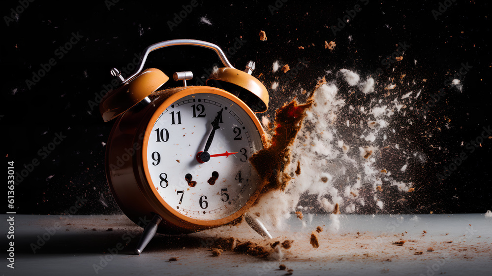 A alarm clock exploding. Concept of time. Time is up.