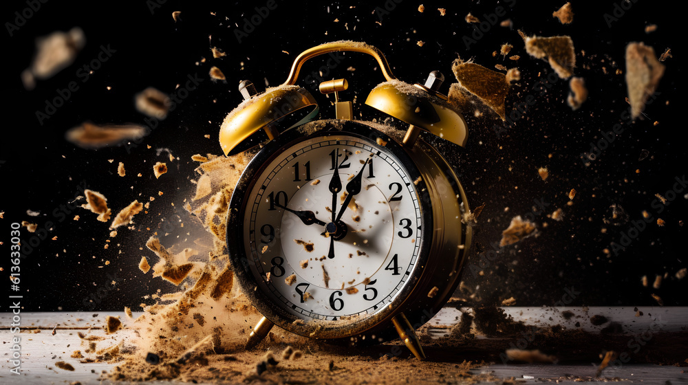A alarm clock exploding. Concept of time. Time is up.