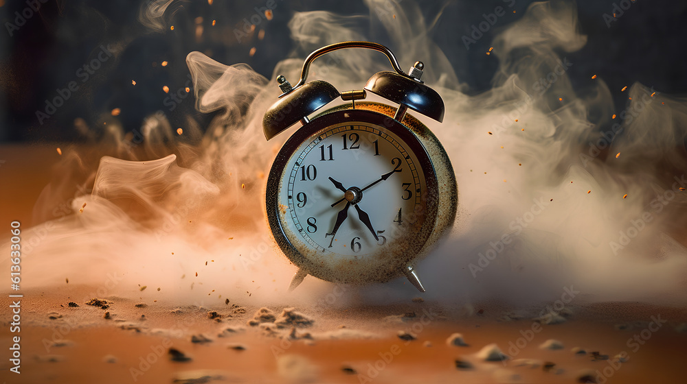 A alarm clock exploding. Concept of time. Time is up.