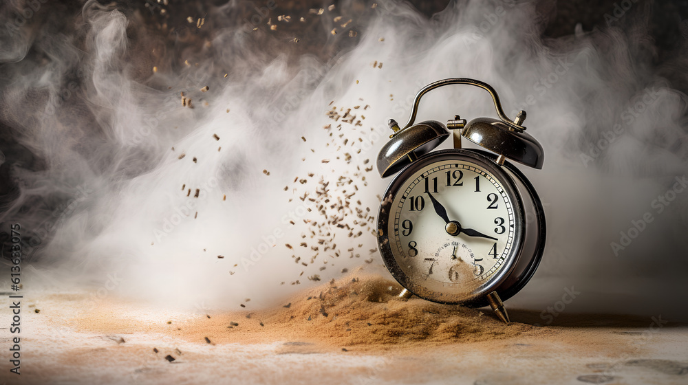 A alarm clock exploding. Concept of time. Time is up.