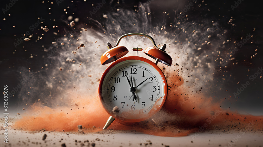 A alarm clock exploding. Concept of time. Time is up.