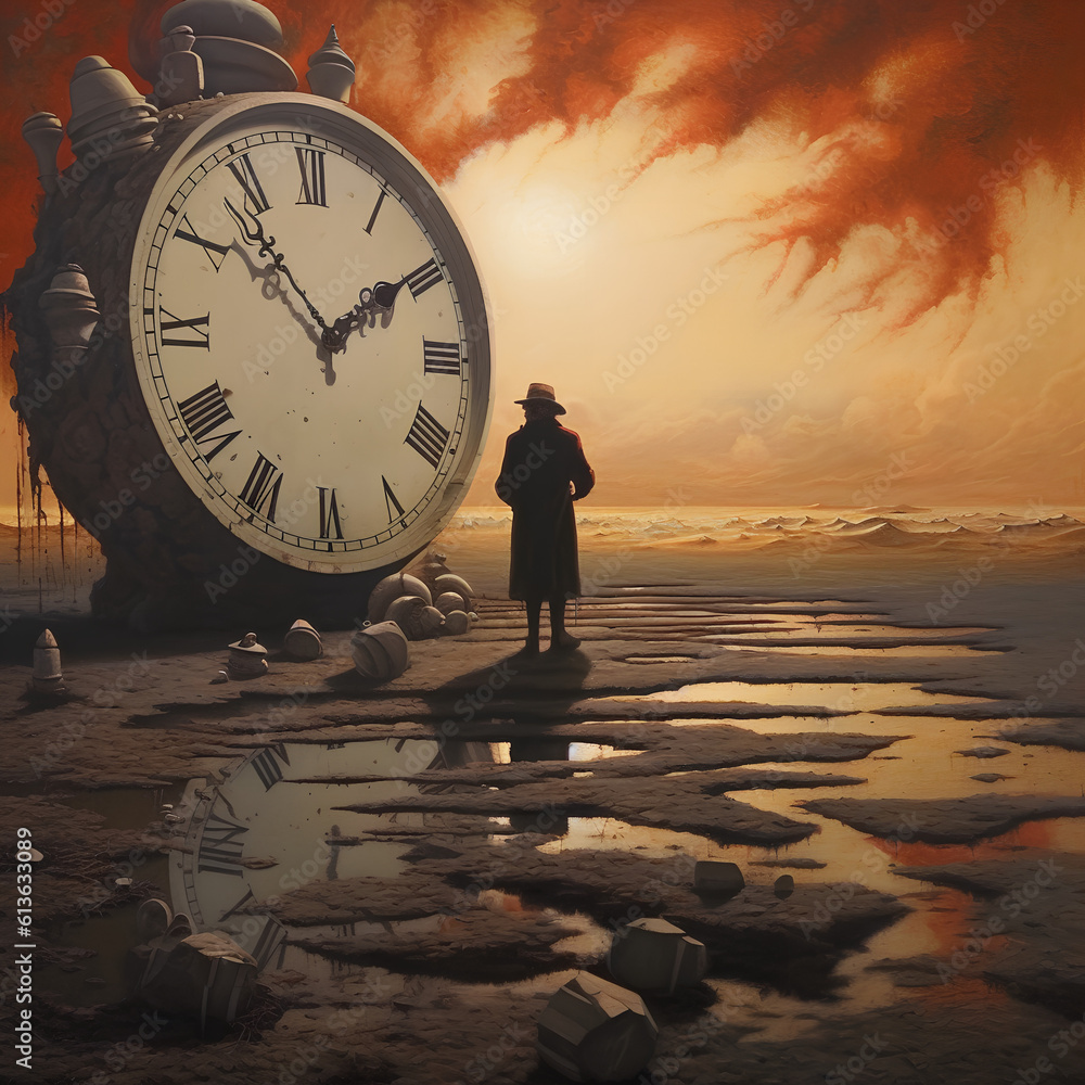 Concept of time. A giant alarm clock on a wasted landscape with a mysterious old man walking alone in the cloudy sunset. AI Generated.