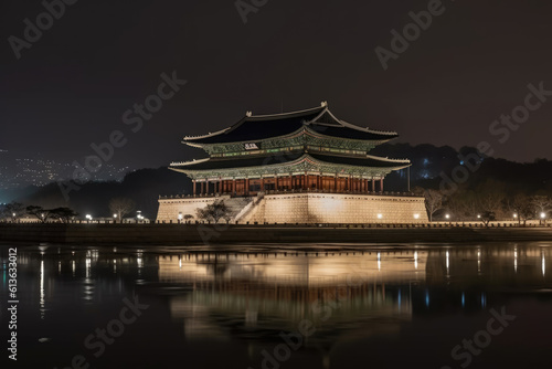 Gyeongbokgung Palast in Seoul Korea als Panorama bei Nacht.