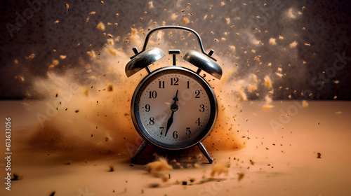 A alarm clock exploding. Concept of time. Time is up.