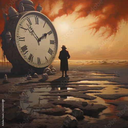 Obraz na płótnie Concept of time. A giant alarm clock on a wasted landscape with a mysterious old man walking alone in the cloudy sunset. AI Generated. w salonie